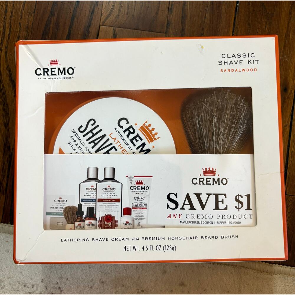 CREMO Lathering Shave Cream Kit Premium Horsehair Shave Brush 4.5 oz NEW